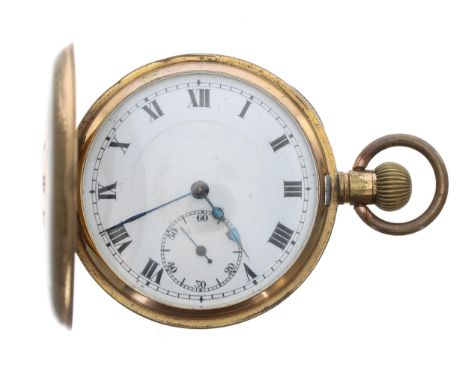 Swiss gold filled lever half hunter pocket watch, unsigned movement, hinged cuvette inscribed 'CW 1928', within a plain case,