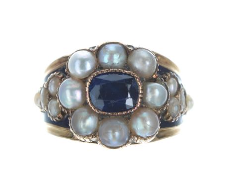 George IV 18ct enamel, pearl and blue gem set mourning ring, London 1826, width 13.5mm, 6.2gm, ring size J/K-Nice clear hallm