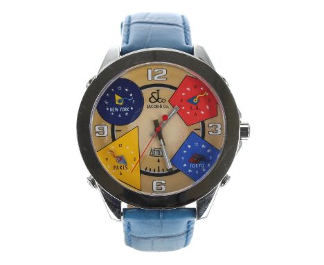 Jacob & Co five time-zone stainless steel gentleman's wristwatch, no. S4874, mother of pearl dial with four coloured time-zon