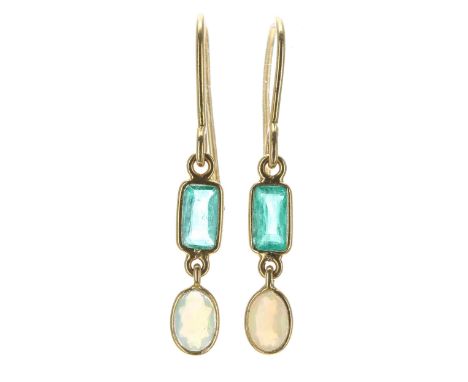 Pair of 18ct yellow gold emerald and opal drop earring, hook backs, 1.6gm, drop 33mm approx 