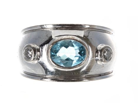 Theo Fennell 18ct white gold blue topaz and diamond three stone band ring, the topaz 1.30ct approx, width 13mm, 11.8gm, ring 