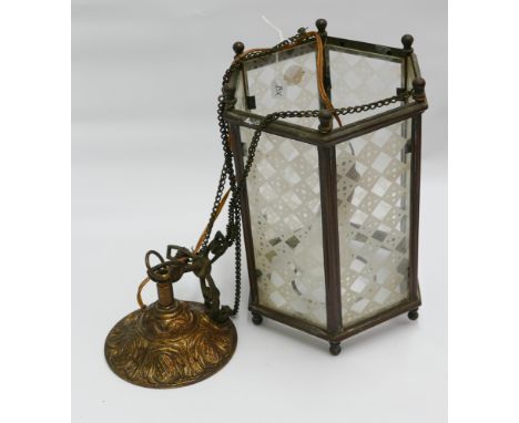Hexagonal brass and etched glass panel hanging lantern 
