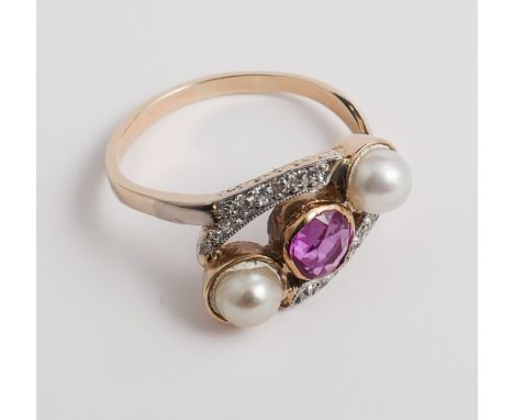 14ct gold ring set with a central ruby with two pearls and diamonds in a diagonal design. Ring size Q