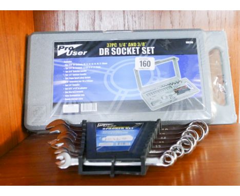 New 37 piece 1/4" and 3/8" drive socket set with a new 8 piece combination spanner set 