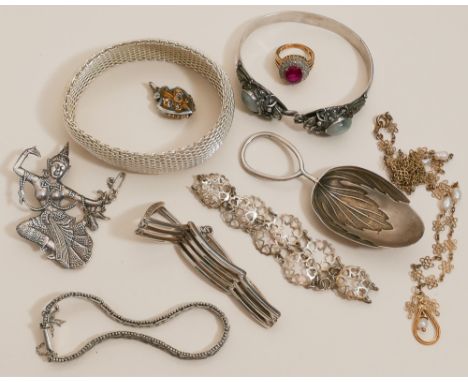 Silver Indian dancer brooch, silver bracelets, silver gilt dress ring, caddy spoon and other jewellery to include Indian whit