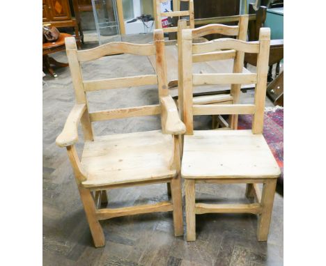 Set of 6 pine ladder back dining chairs, comprising 5 standards and 2 carver chair 