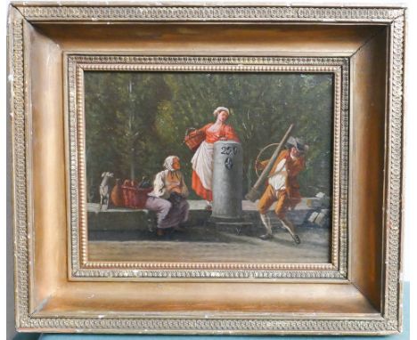 19th century gilt framed oil on panel painting depicting figures by a canal.  Image size 23 x 30