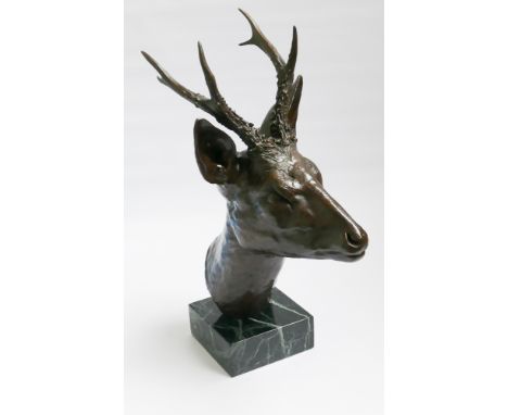 Geoffrey Dashwood life sized bronze study of a Roebuck head on a square marble plinth, 50cm tall.  Signed and numbered 3 of 9