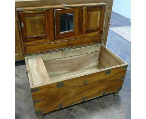 Early 20th century camphor wood uniform trunk, fitted lift up box, interior drawers and well fitted cabinet interior to the l