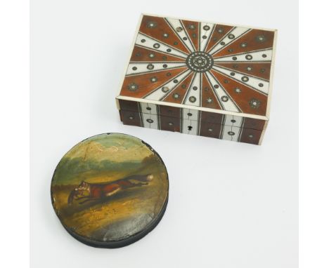 Lacquer and papier mache circular snuff box decorated with a fox and hardwood and bone inlaid rectangular trinket box.  The f