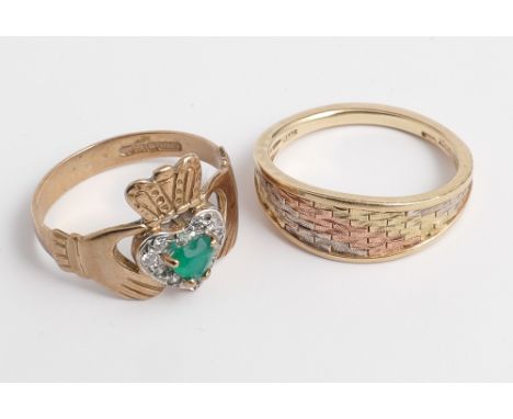 9ct gold Claddagh ring set with green and white stones together with a 9ct gold band with 3 colour gold panel - gross weight 