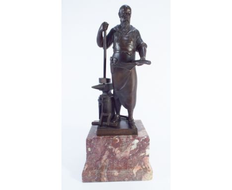 Otto Rasmussmen bronze of a craftsman with an anvil and a hammer on a square rouge marble socle, overall height 30cm.  Signed
