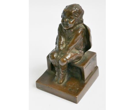 Small bronze figurine of a girl sitting on a step grinning.  Height 11cm 