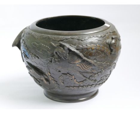19th century Japanese bronze bowl decorated with birds approx 11" diameter 