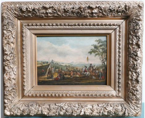 Oil on panel painting depicting 18th century battle in ornate gilt frame.  Image size 20 x 28