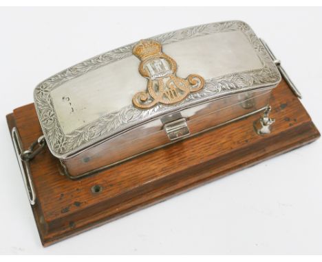 Ceremonial silver inkwell, Inniskilling Guards 25cm wide 