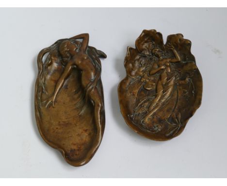 2 art deco bronze dishes decorated with semi clad females 