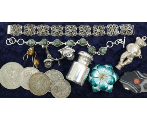 Silver filigree panel bracelet, enamel brooch, agate brooch, old coins etc. 