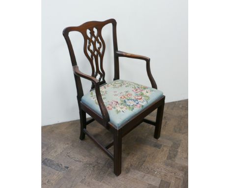 Chippendale style Georgian mahogany elbow chair with tapestry upholstered seat 