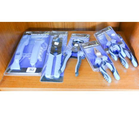 New pair of tile nippers, cutter pliers, combination pliers, long nose pliers, silicone remover kit and tile cutter