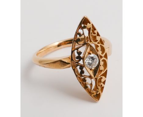 Asian gold marquis panel open work ring set with brilliant cut diamond, unhallmarked.  Ring size K