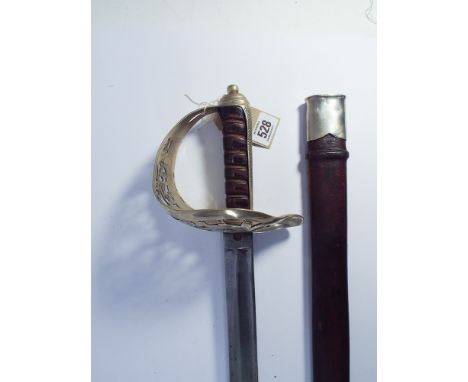 George V army sword, blade length 33 1/4 " long.  In its leather scabbard with plated nickel mounts 