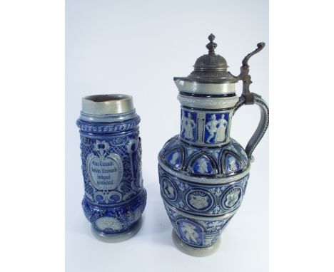 Two pieces of Westerwold German stoneware comprising a jug and a large pewter lidded flagon, tallest item measures 40cm appro