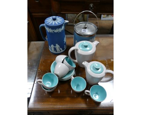 Wedgwood Jasper biscuit barrell, similar coffee pot and some Poole Pottery twin tone coffee cups and saucers 