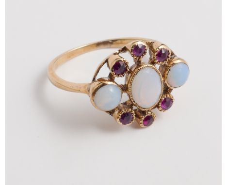 French 18ct gold ruby and opal cluster ring, size K