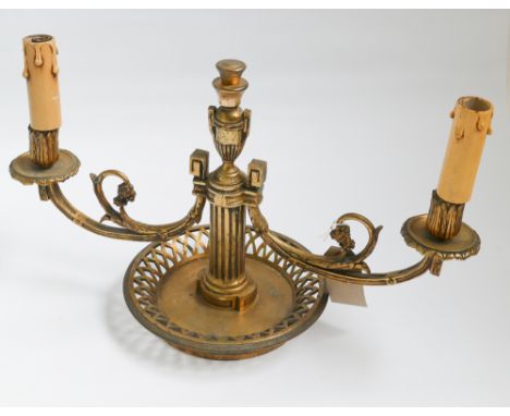 Late 19th / early 20th century gilt bronze 2 branch candleabra style electric light fitting.     44 cms wide 26 cms high