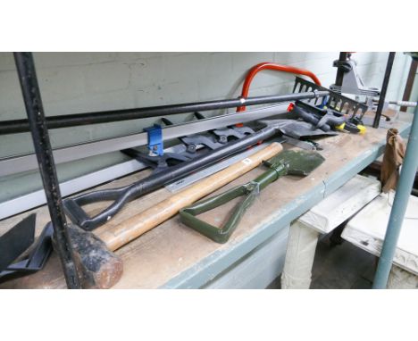 2 4' long sash cramps, qty of cramps, spade, shovel, pick axe, etc. 