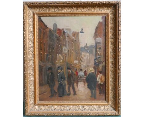 Gilt framed oil on panel painting depicting street scene. Signed on reverse Afuichet.  Image size 29 x 22cm in gilt frame 