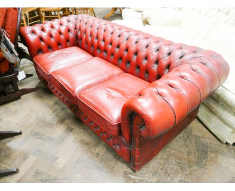 3 seater red leather button back Chesterfield sofa 