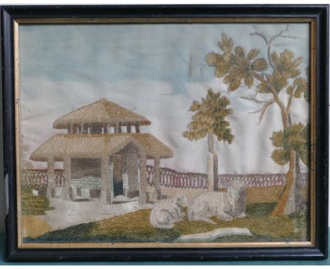 Victorian needlework panel depicting sheep in landscape - 25 x 33 cms.  Framed and glazed      there is  a stain to the silk 