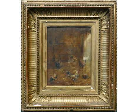 Gilt framed oil on board panel painting depicting chickens in a barn, indistinctly signed lower right.  Image size 16 x 12 