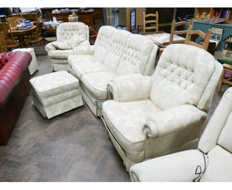 Traditional 3 piece lounge suite comprising 3 seater sofa, 2 armchairs, matching storage footstool - one chair is a manual re