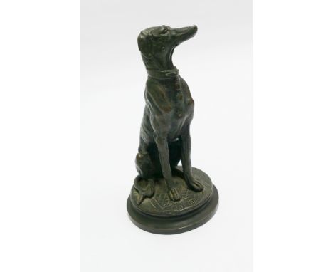 Green patinated bronze of a seated hound signed Barye - height is 18cm 