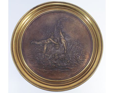 19th century gilt bronze tazza depicting classical scene with Hermes holding Medusa's head.  Signed E Picault - 31cm diameter