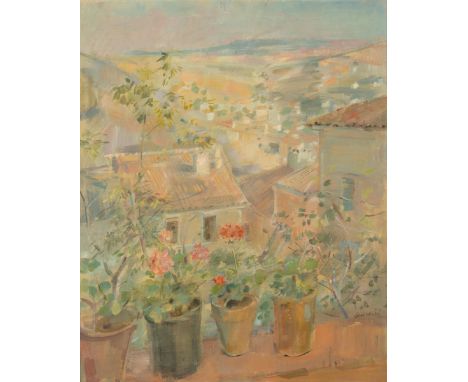 JULIÁN GRAU SANTOS (Canfranc, Huesca, 1937)."Sunset in Cuenca".Oil on canvas.Signed on the lower right. Signed, titled and lo