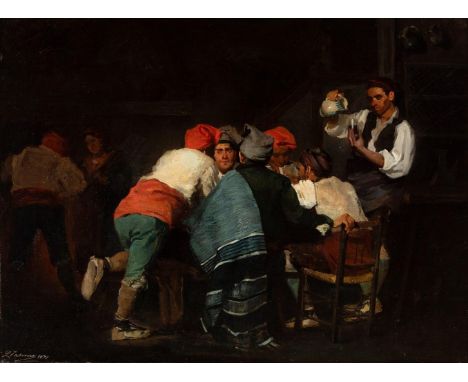 LUIS TABERNER Y MONTALVO (Madrid, 1844-1900)."Interior of a Tavern", 1871.Oil on canvas.Signed and dated in the lower right c