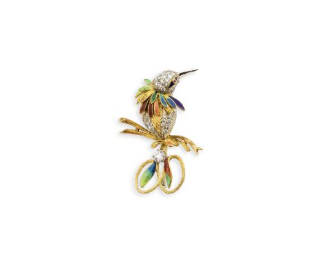 BROCHE EMAIL ET DIAMANTSFormant un oiseau rehaussé d'émail multicolore et de diamants taille brillant, poinçon français d'occ