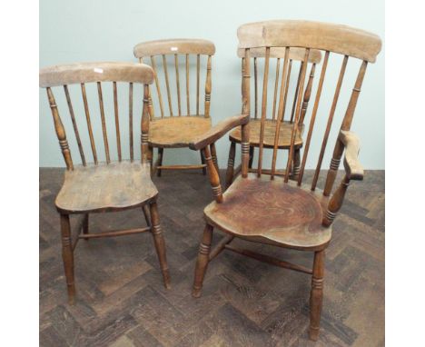 3 country stick back Windsor dining chairs and one similar Windsor elbow chair 