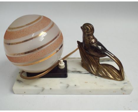 Small French art deco bird decorated table lamp on white marble base, 9" wide 