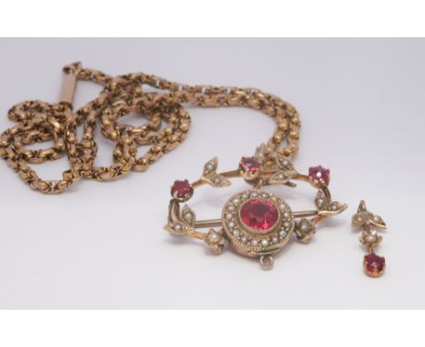 Edwardian seed pearl and synthetic ruby pendant with brooch fastening on a 9ct gold belcher link chain Gross weight of lot - 