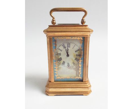 Miniature brass cased carriage clock inset porcelain panels, 3 inches high