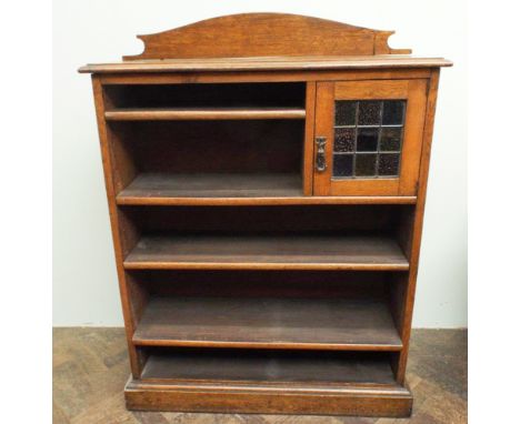 3' 1920's oak open bookcase with one small coloured lead light glass door 