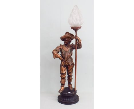 Painted spelter cavalier table lamp with moulded frosted flame effect shade 33" tall 