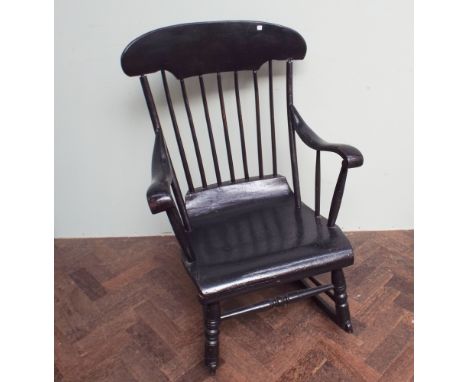 Black painted stick back rocking chair and an antique elm seated hall chair 