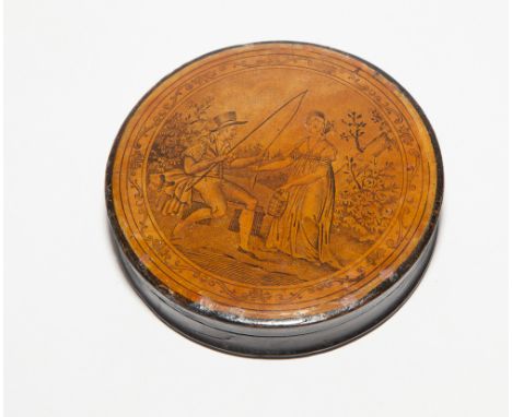 Circular papier mache snuff box, the lid decorated with fishing scene.  9cm diameter 