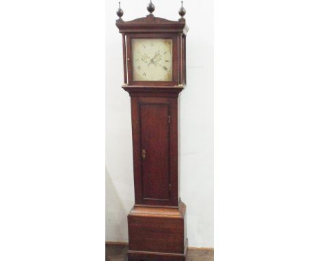 19th century country made grandfather clock with square painted dial in oak case with 30 hour movement.  78" tall including f